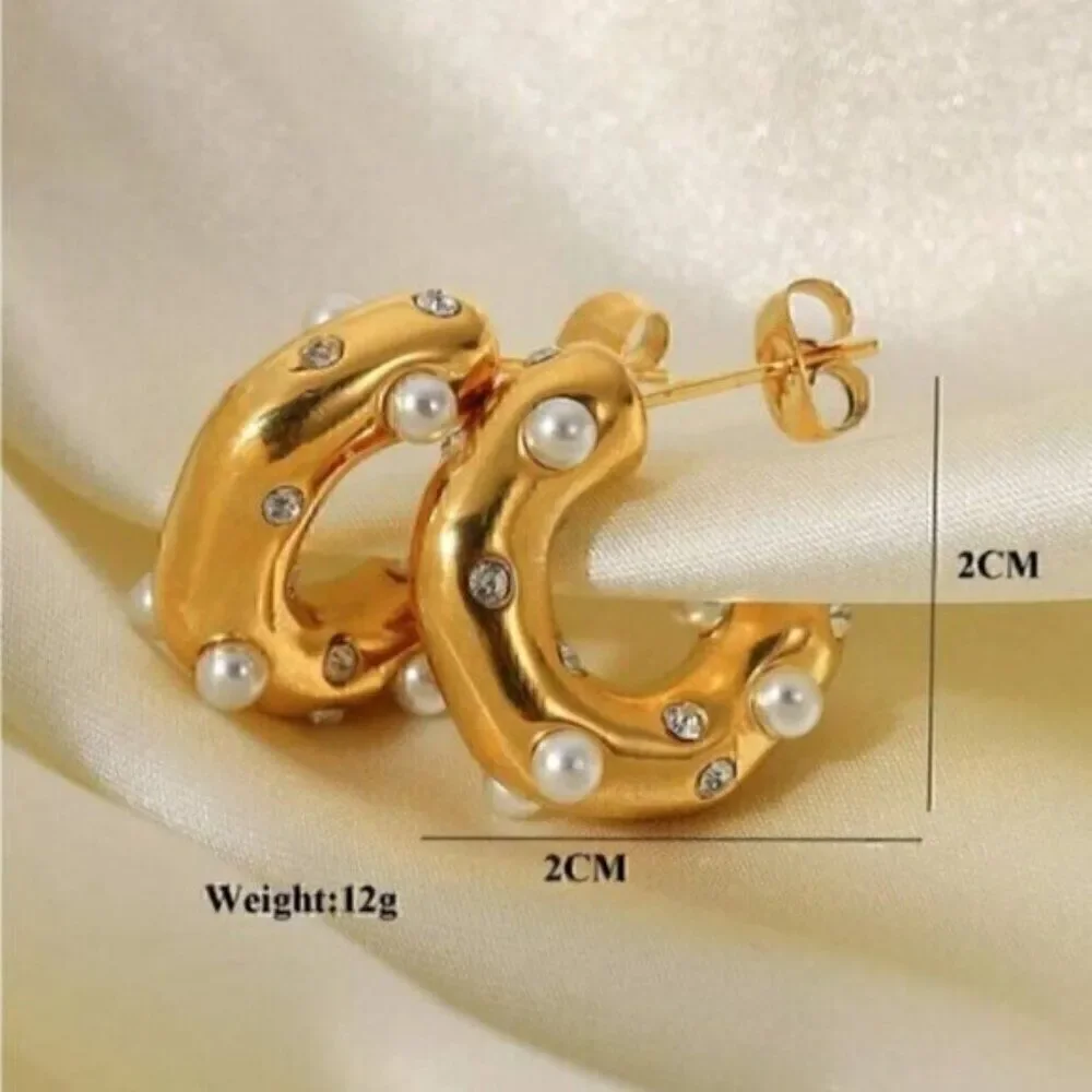 Gold Cuff Rhinestone Pearl Stainless Steel Shiny Inlaid Hoop Earrings